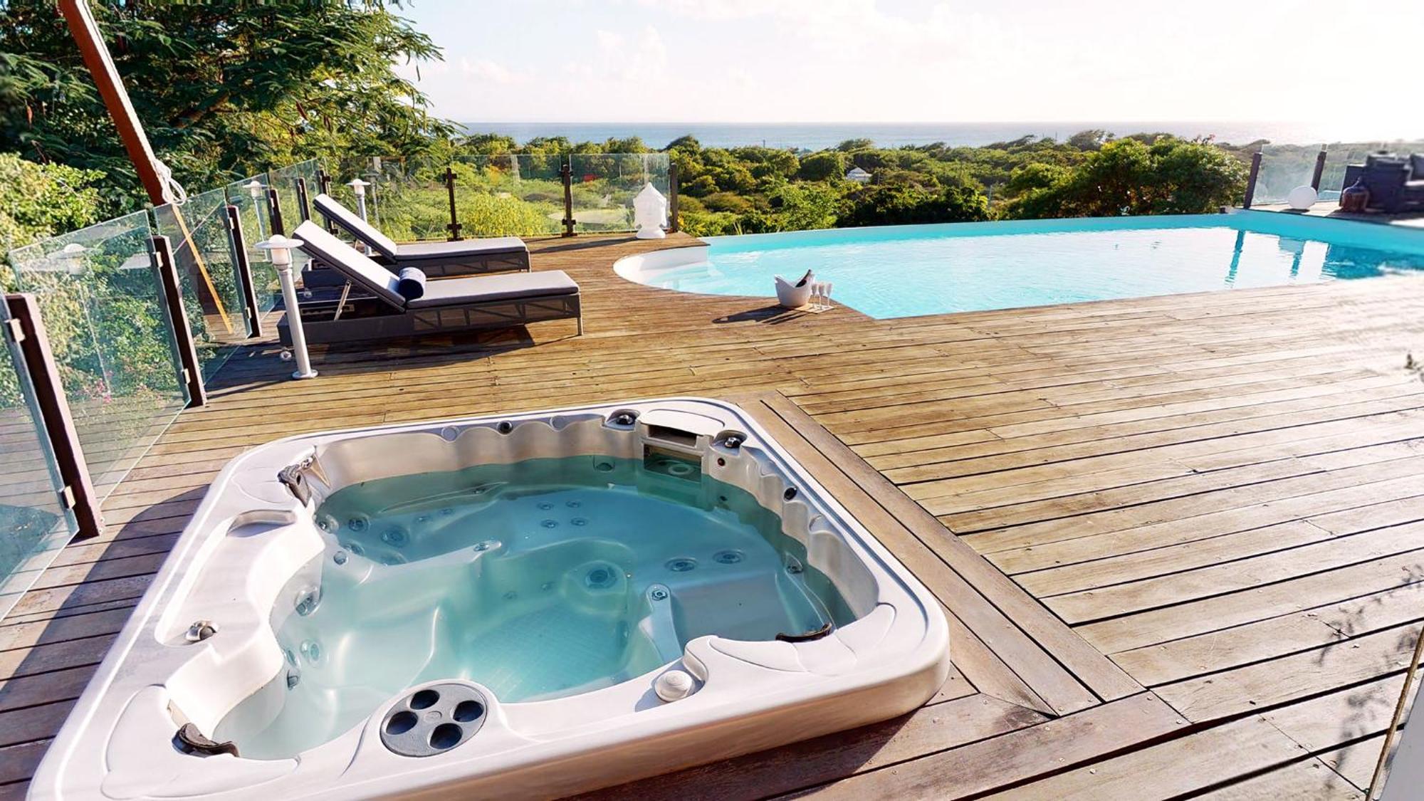 Villa Deluxe L'Hacienda Villa Vue Mer 180 Piscine Jacuzzi Proche Plage Marina Golf Pointe Des Chateaux Et Casino Jardin Clos Voyage Durable سانت فرانسوا الغرفة الصورة